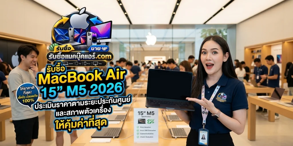 ภาพประกอบบทความ ขาย MacBook Air 15 inch M5 2026 ประเมินราคาตามระยะประกันศูนย์และสภาพตัวเครื่องให้คุ้มค่าที่สุด